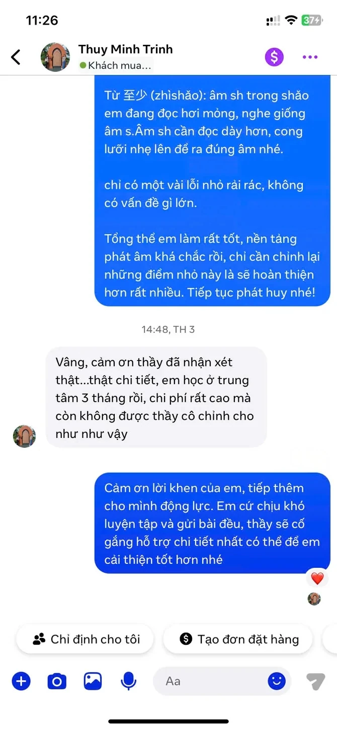 Feedback của học viên Thùy Minh Trinh trong tin nhắn